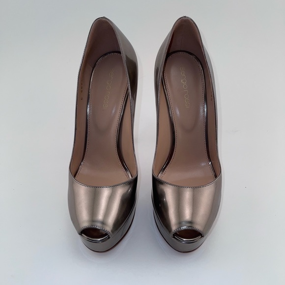 BNIB Sergio Rossi Mirror Platform Peep Toe Pumps Size 38.5 Metallic Silver Gold - Picture 2 of 8